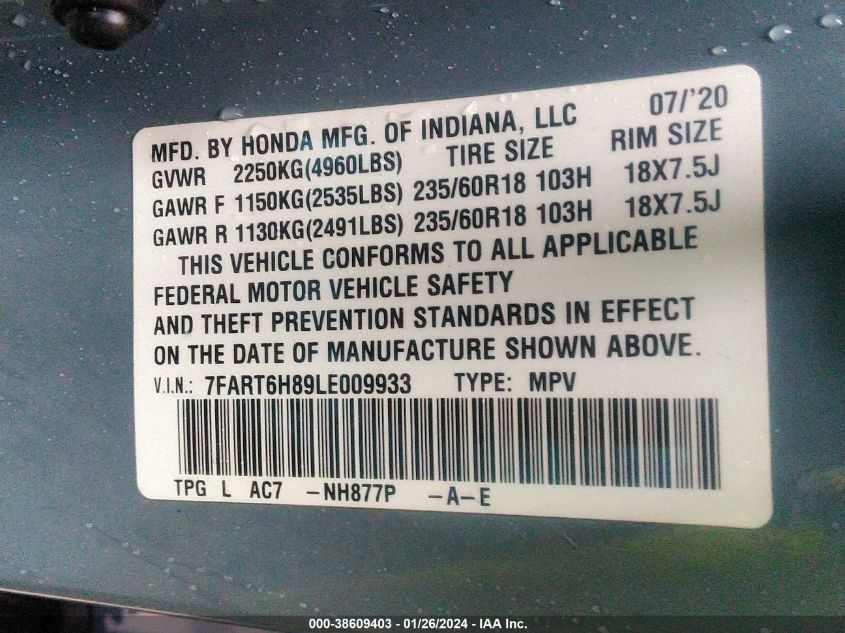 2020 HONDA CR-V EXL - 7FART6H89LE009933
