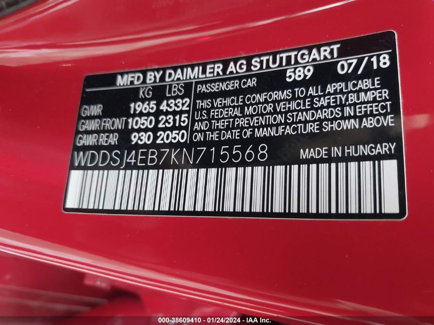 2019 MERCEDES-BENZ CLA 250 WDDSJ4EB7KN715568