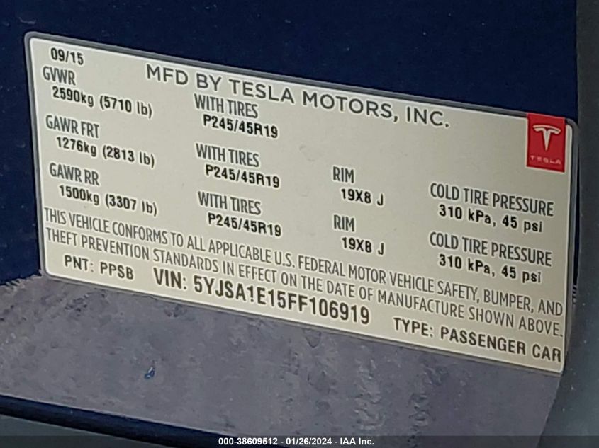 2015 TESLA MODEL S - 5YJSA1E15FF106919