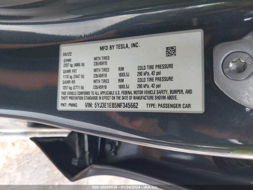 VIN 5YJ3E1EB5NF345662 2022 TESLA MODEL 3 LONG RANGE DUAL MOTOR ALL-WHEEL DRIVE