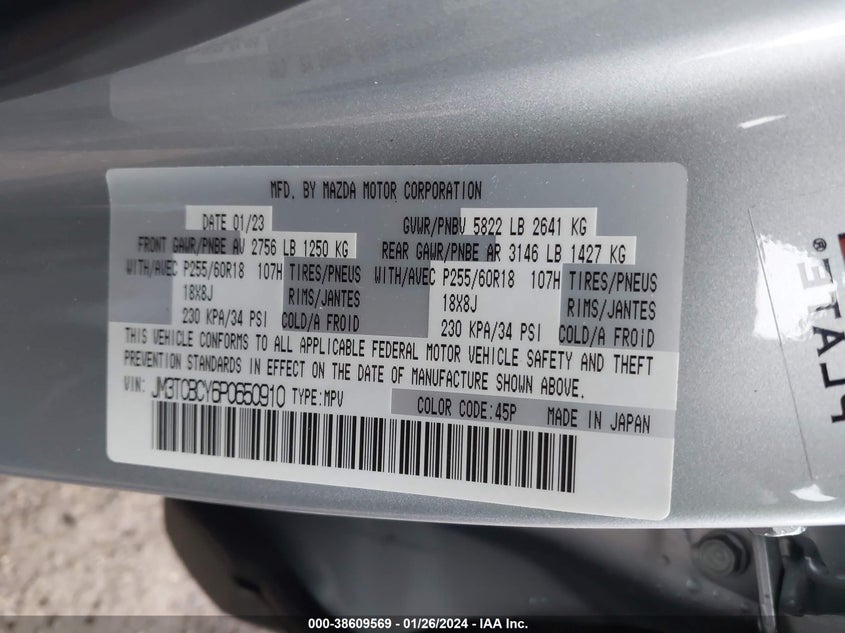 VIN JM3TCBCY6P0650910 2023 MAZDA CX-9 TOURING