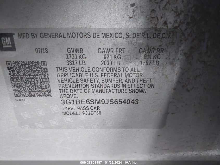 VIN 3G1BE6SM9JS654043 2018 CHEVROLET CRUZE LT