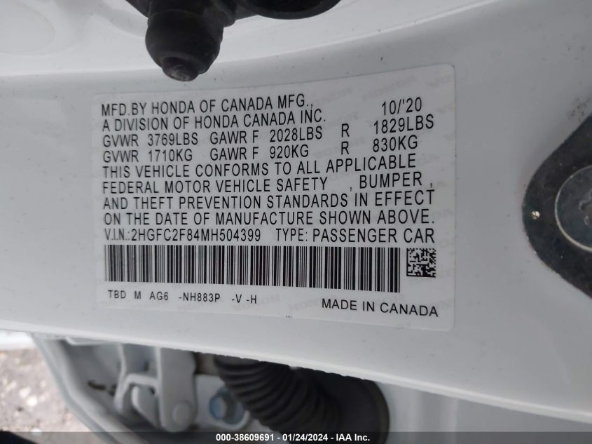 VIN 2HGFC2F84MH504399 2021 HONDA CIVIC SPORT