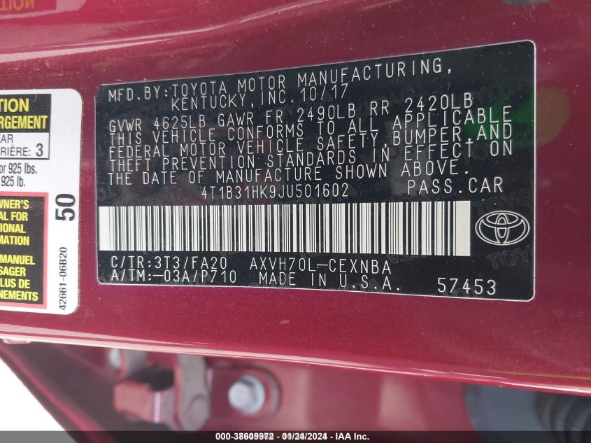 2018 TOYOTA CAMRY HYBRID LE - 4T1B31HK9JU501602