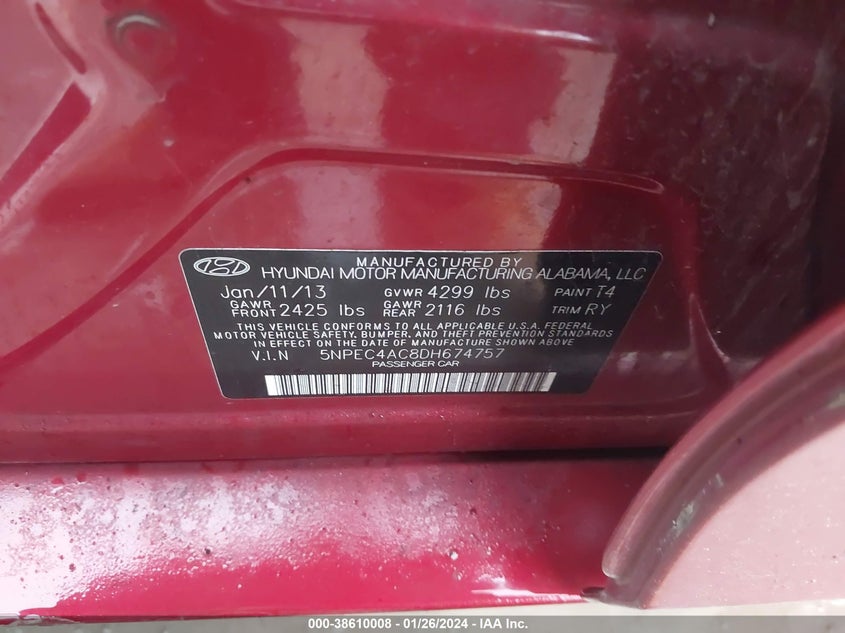 2013 HYUNDAI SONATA VIN: 5NPEC4AC8DH674757