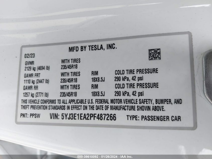 2023 TESLA MODEL 3 - 5YJ3E1EA2PF487266