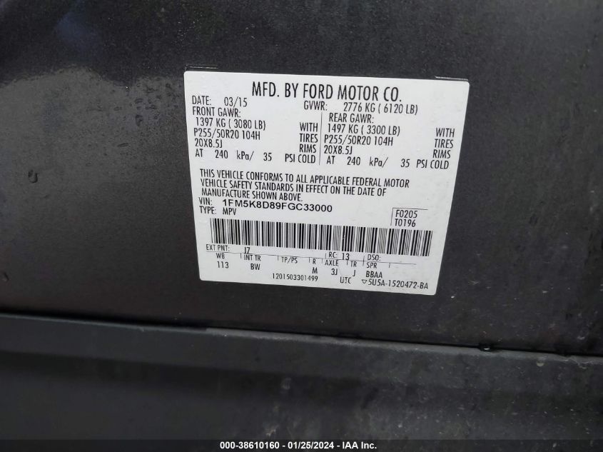 2015 FORD EXPLORER XLT - 1FM5K8D89FGC33000