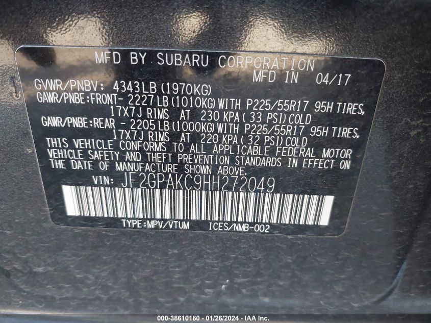 2017 SUBARU CROSSTREK 2.0I LIMITED - JF2GPAKC9HH272049
