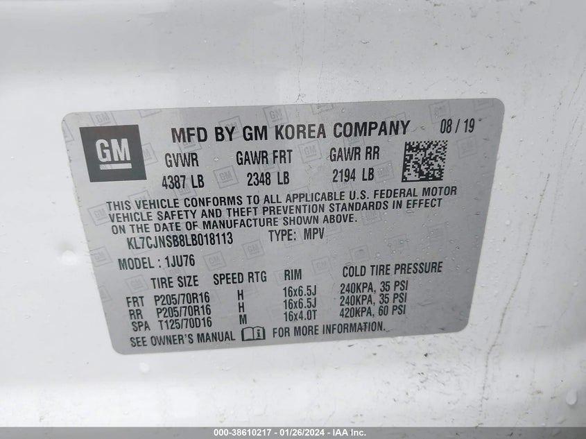 VIN KL7CJNSB8LB018113 2020 CHEVROLET TRAX LS