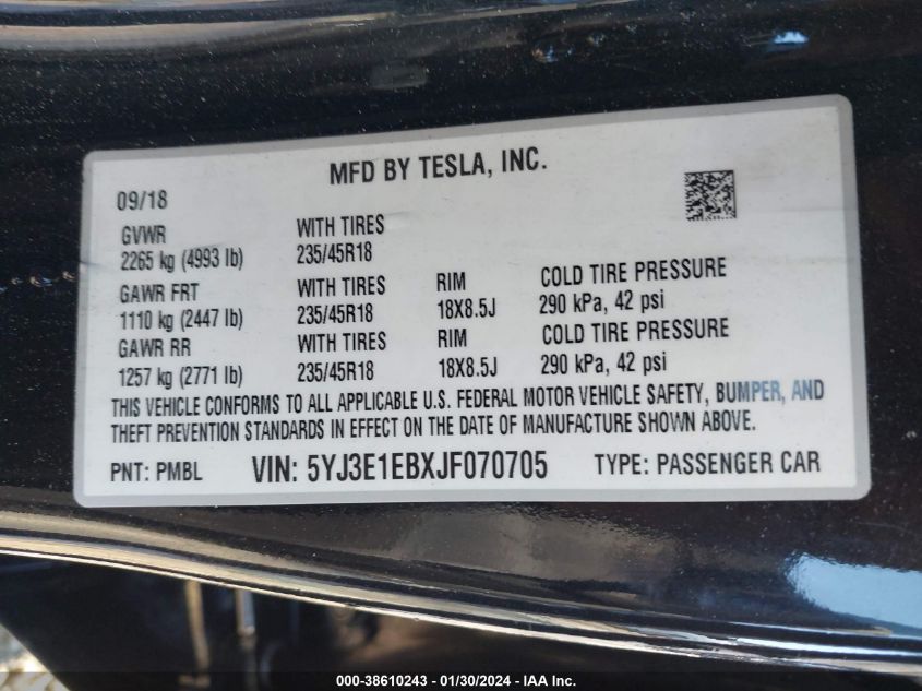 2018 TESLA MODEL 3 LONG RANGE/PERFORMANCE - 5YJ3E1EBXJF070705