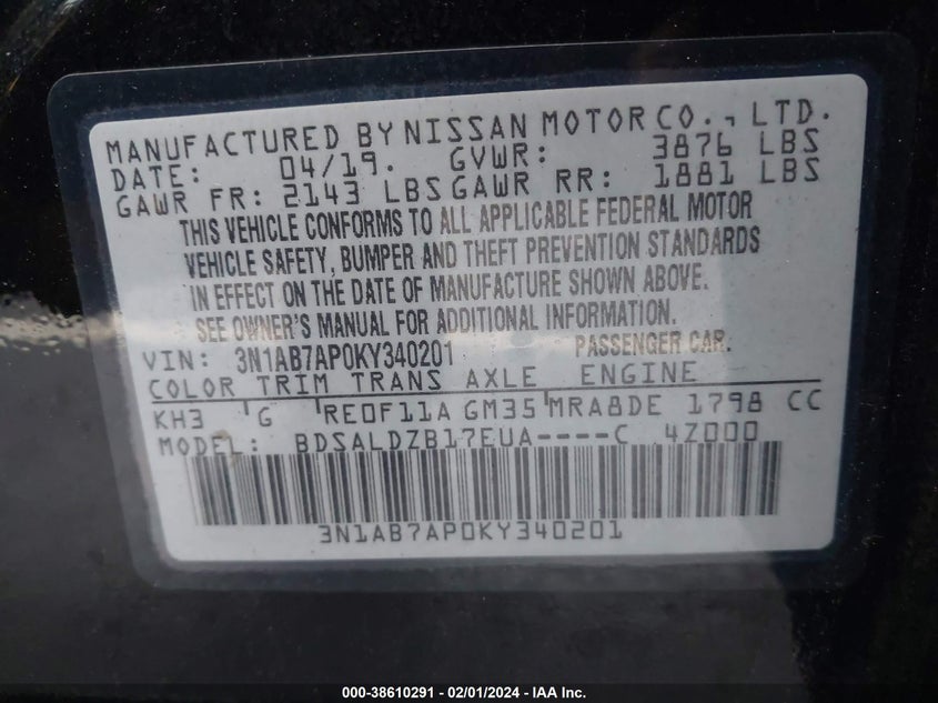 VIN 3N1AB7AP0KY340201 2019 NISSAN SENTRA SV