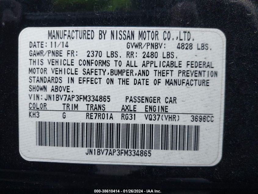 2015 INFINITI Q50 PREMIUM/SPORT - JN1BV7AP3FM334865