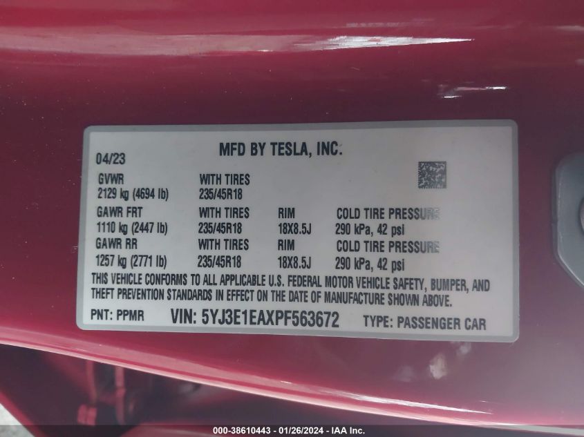 2023 TESLA MODEL 3 REAR-WHEEL DRIVE - 5YJ3E1EAXPF563672