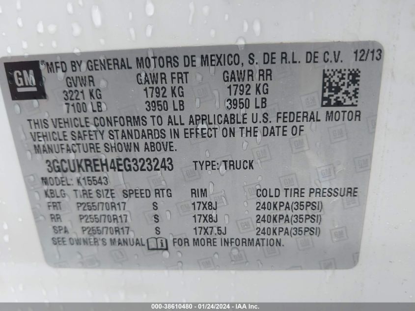 3GCUKREH4EG323243 | 2014 CHEVROLET SILVERADO 1500