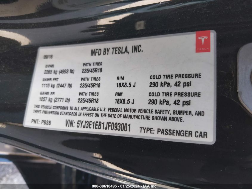 2018 TESLA MODEL 3 LONG RANGE/PERFORMANCE - 5YJ3E1EB1JF093001