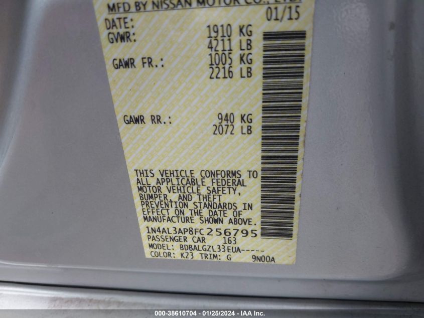 2015 NISSAN ALTIMA 2.5/S/SV/SL - 1N4AL3AP8FC256795