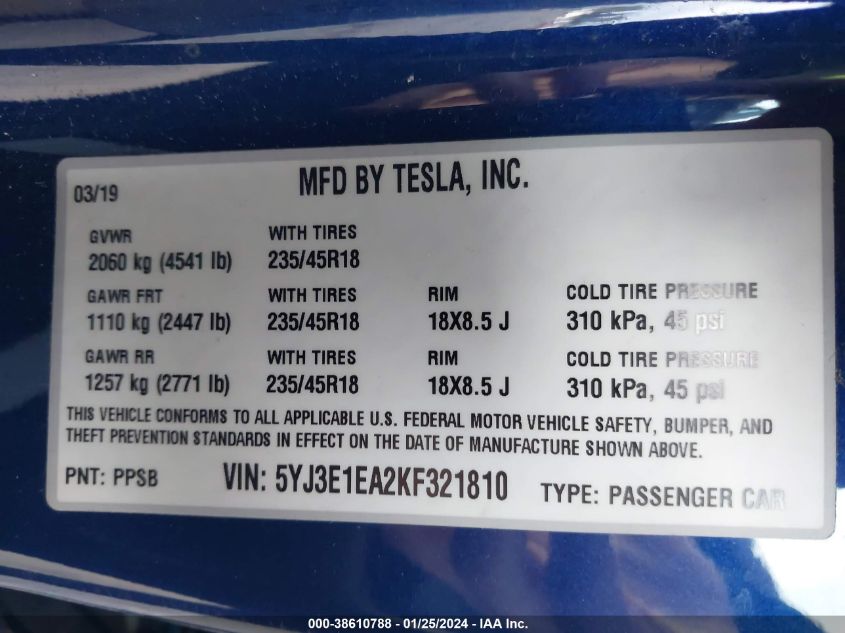 2019 TESLA MODEL 3 - 5YJ3E1EA2KF321810