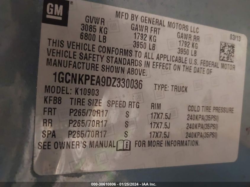 2013 CHEVROLET SILVERADO 1500 K1500 - 1GCNKPEA9DZ330036