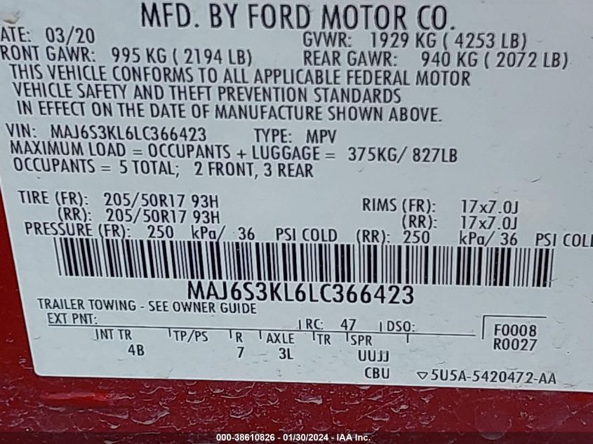 2020 FORD ECOSPORT TITANIUM - MAJ6S3KL6LC366423