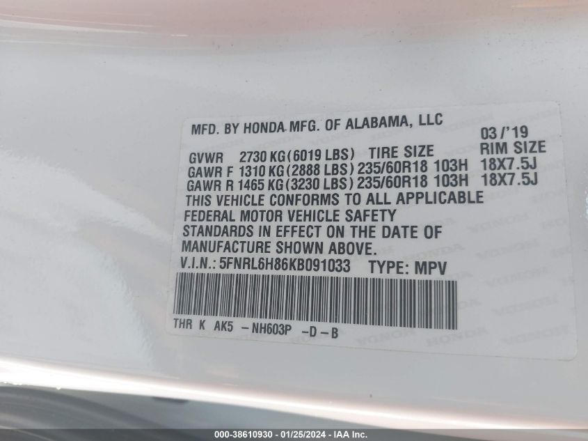 2019 HONDA ODYSSEY TOURING - 5FNRL6H86KB091033