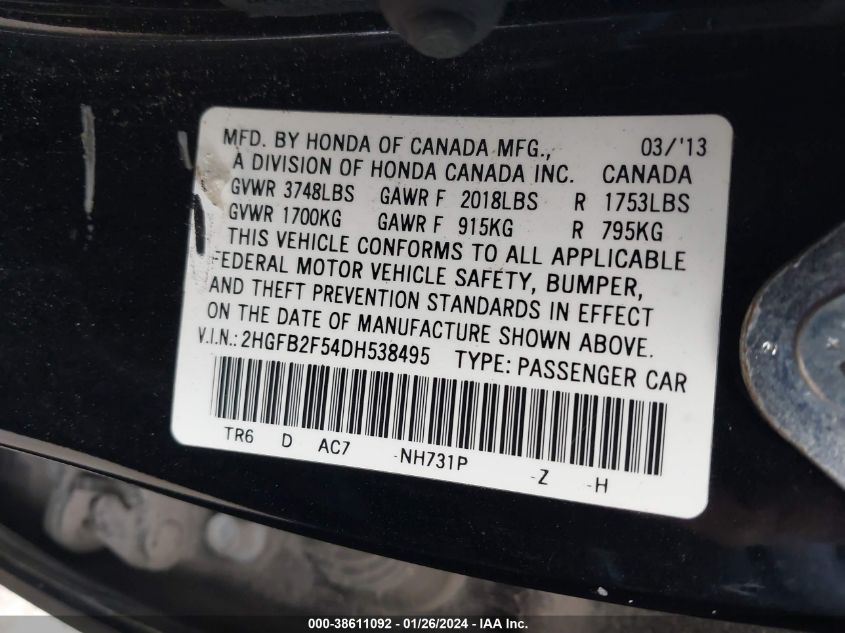 2013 HONDA CIVIC LX - 2HGFB2F54DH538495