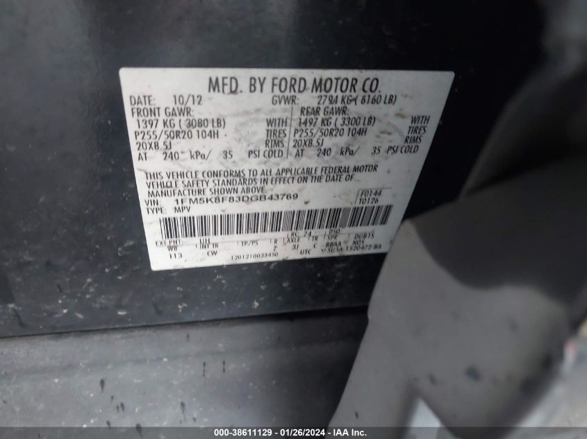 2013 FORD EXPLORER LIMITED - 1FM5K8F83DGB43769