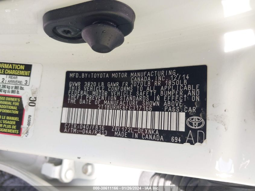 2015 TOYOTA COROLLA LE - 2T1BURHE6FC317166
