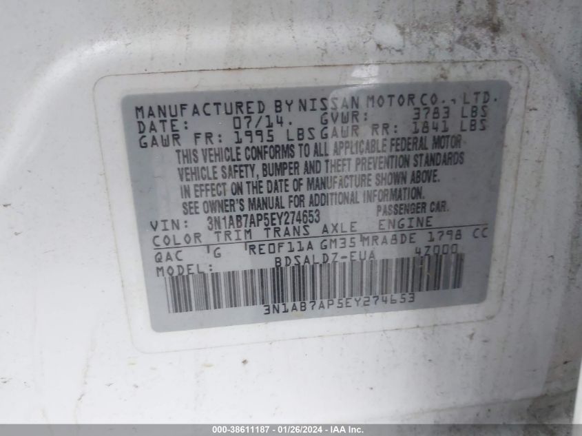 2014 NISSAN SENTRA SV - 3N1AB7AP5EY274653