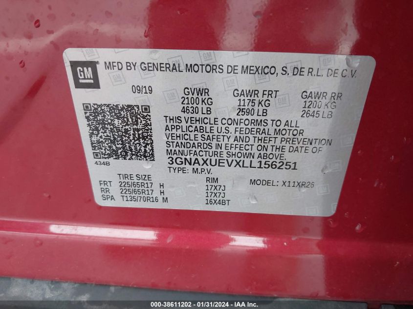 2020 CHEVROLET EQUINOX AWD LT 1.5L TURBO - 3GNAXUEVXLL156251