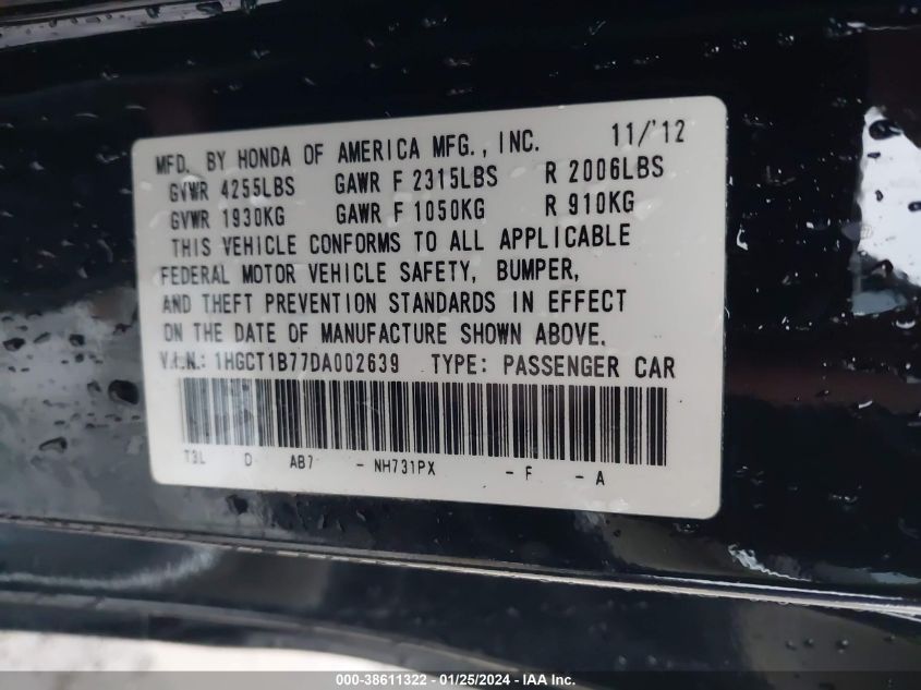 2013 HONDA ACCORD EX - 1HGCT1B77DA002639