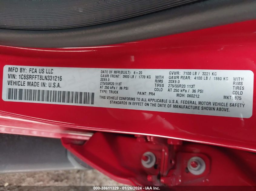2020 RAM 1500 BIG HORN/LONE STAR - 1C6SRFFT8LN331216