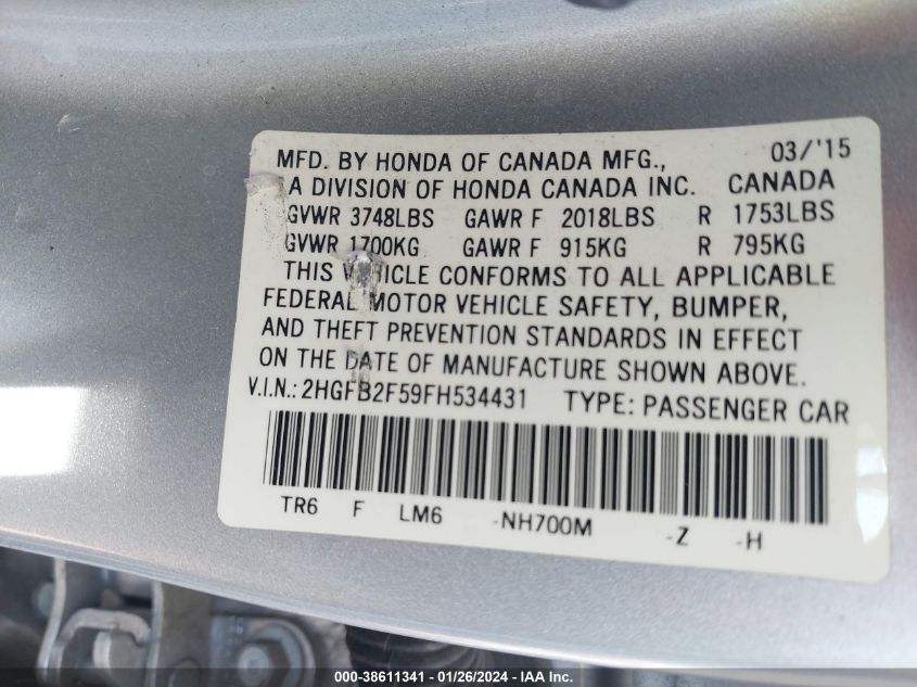 2015 HONDA CIVIC LX - 2HGFB2F59FH534431