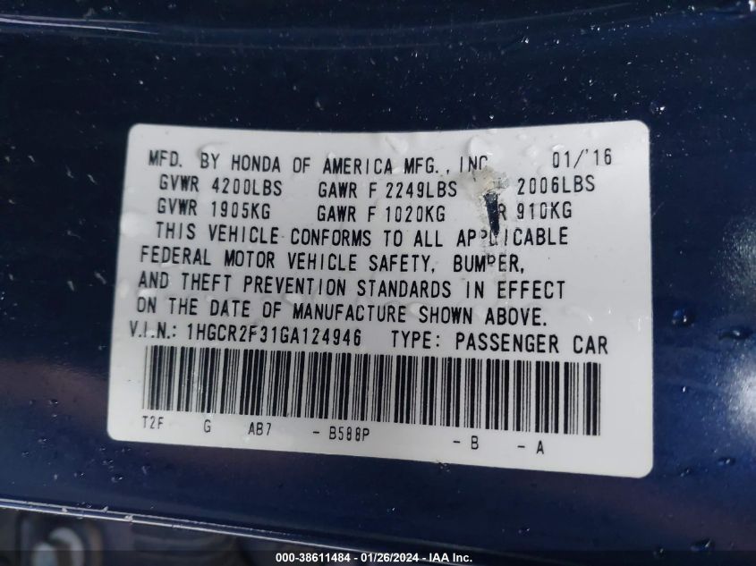 2016 HONDA ACCORD LX - 1HGCR2F31GA124946