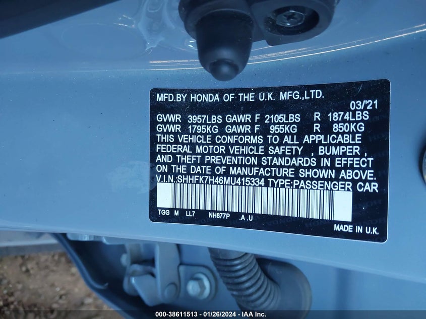 VIN SHHFK7H46MU415334 2021 HONDA CIVIC SPORT