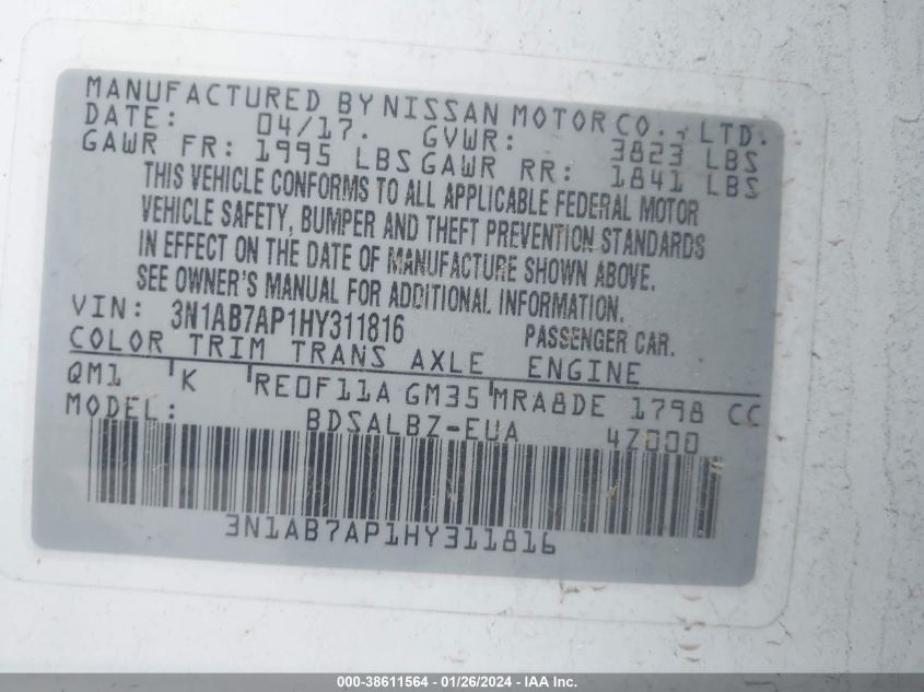 2017 NISSAN SENTRA S/SV/SR/SL - 3N1AB7AP1HY311816