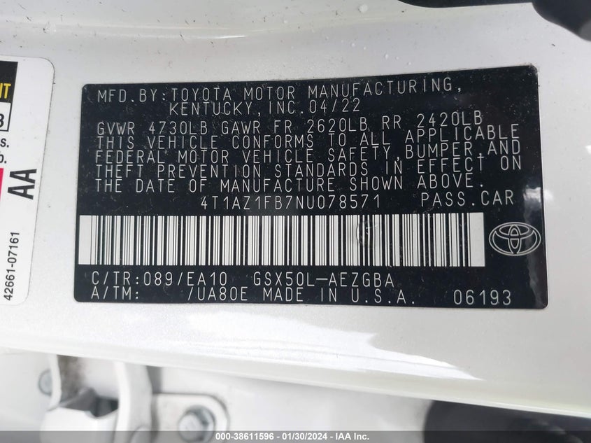 VIN 4T1AZ1FB7NU078571 2022 TOYOTA AVALON XLE