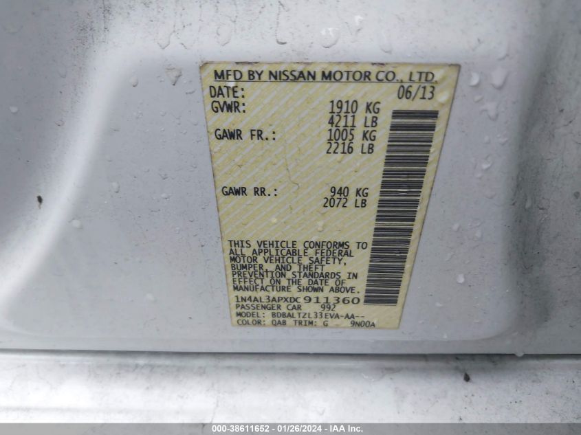 2013 NISSAN ALTIMA 2.5/S/SV/SL - 1N4AL3APXDC911360
