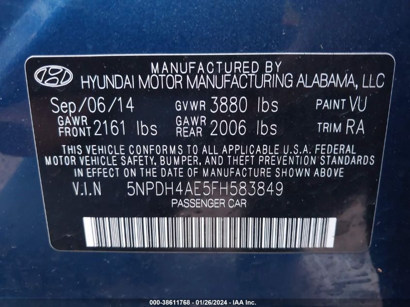 2015 HYUNDAI ELANTRA SE/SPORT/LIMITED - 5NPDH4AE5FH583849