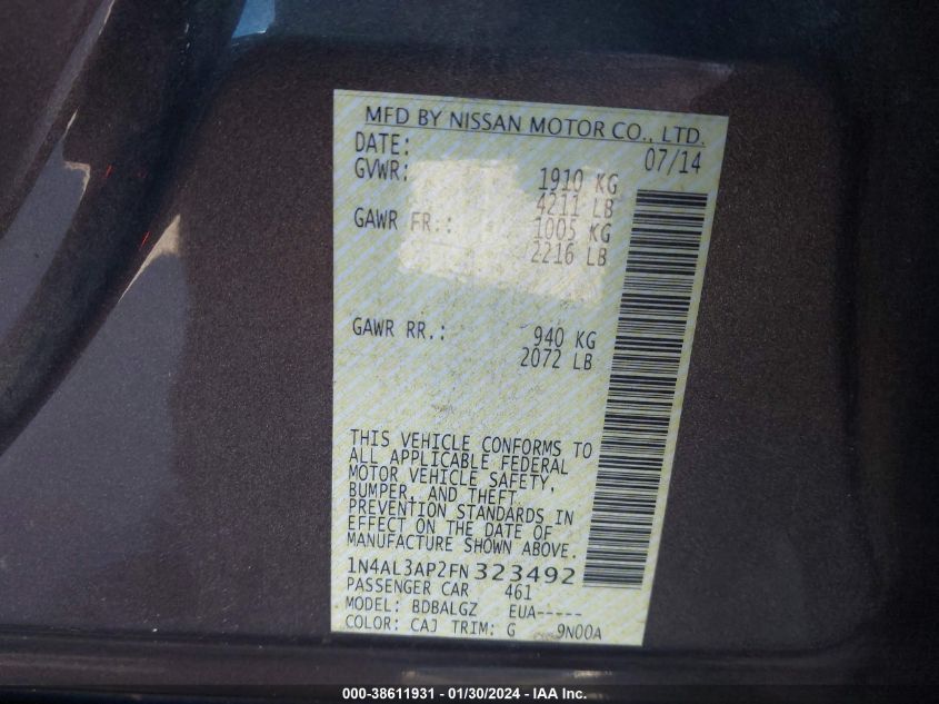 2015 NISSAN ALTIMA 2.5/2.5 S/2.5 SL/2.5 SV - 1N4AL3AP2FN323492