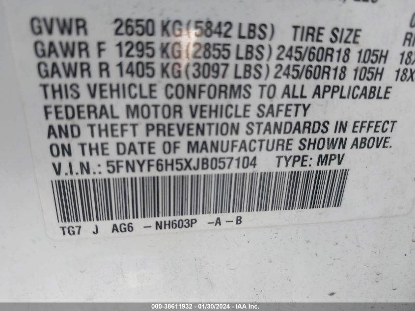 2018 HONDA PILOT EXL - 5FNYF6H5XJB057104
