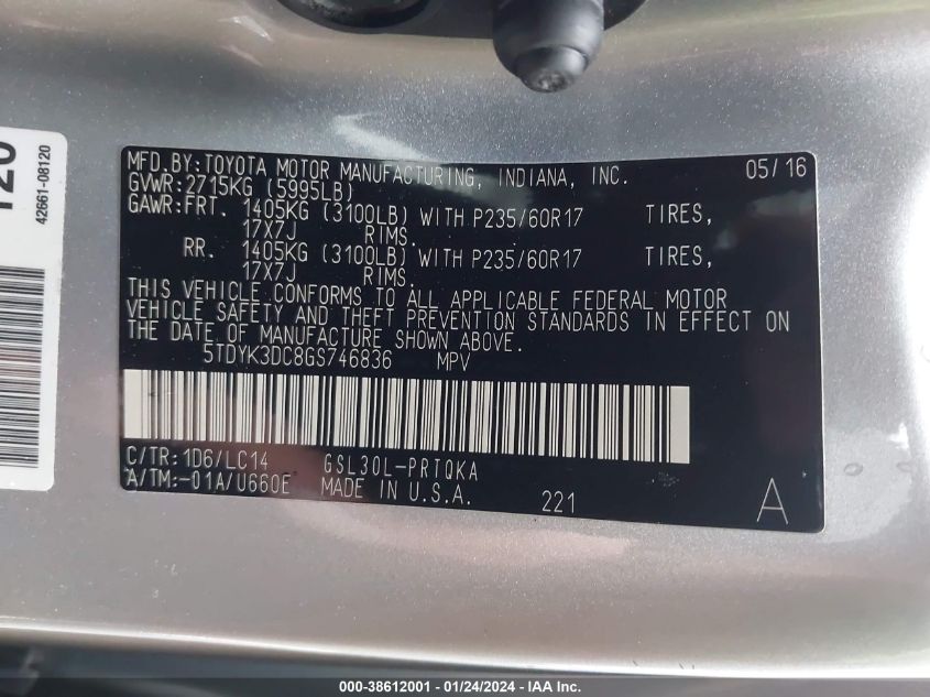 2016 TOYOTA SIENNA XLE 8 PASSENGER - 5TDYK3DC8GS746836