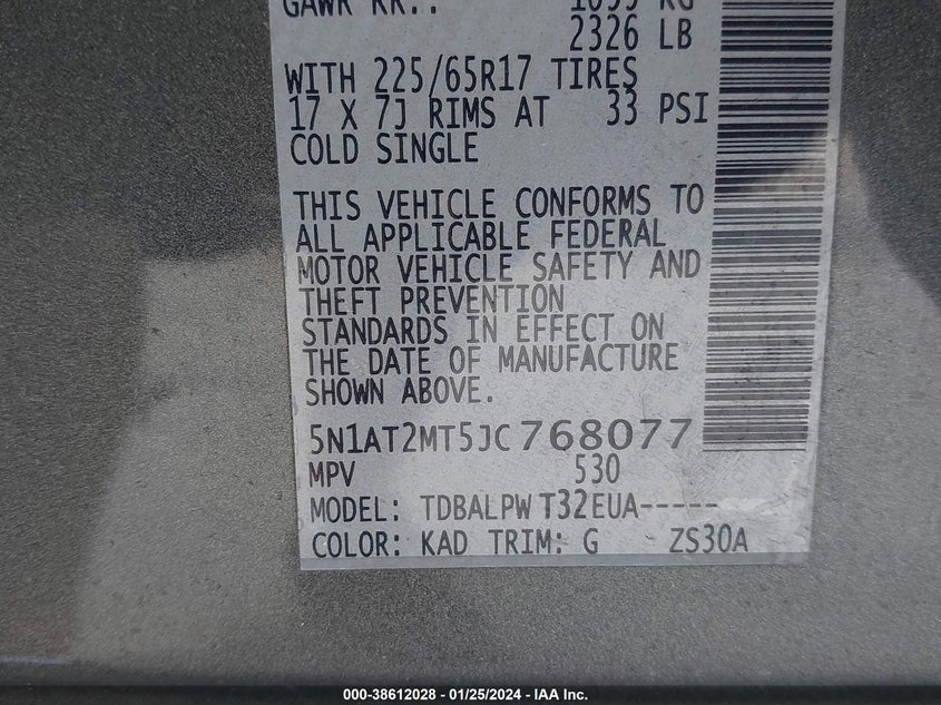 VIN 5N1AT2MT5JC768077 2018 NISSAN ROGUE S/SL
