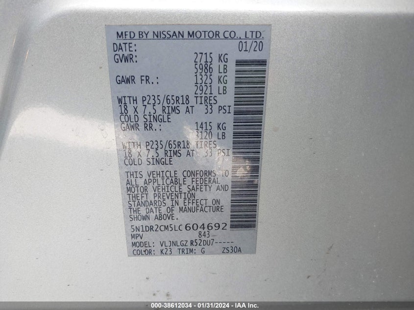 VIN 5N1DR2CM5LC604692 2020 NISSAN PATHFINDER SL 4WD