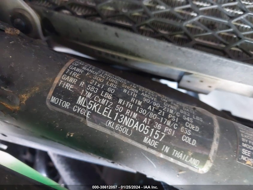 VIN ML5KLEL13NDA05157 2022 KAWASAKI KL650 L