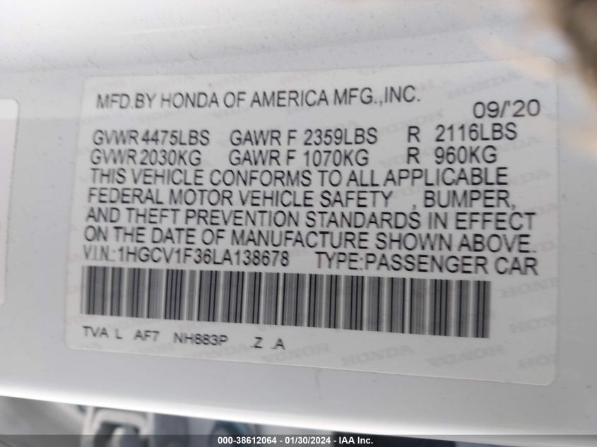 2020 HONDA ACCORD SPORT - 1HGCV1F36LA138678