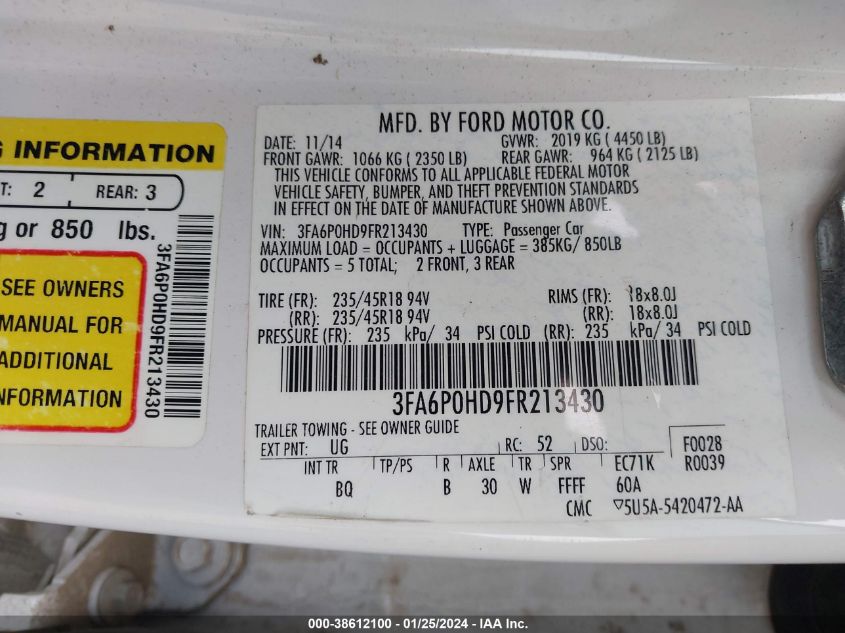 2015 FORD FUSION SE - 3FA6P0HD9FR213430