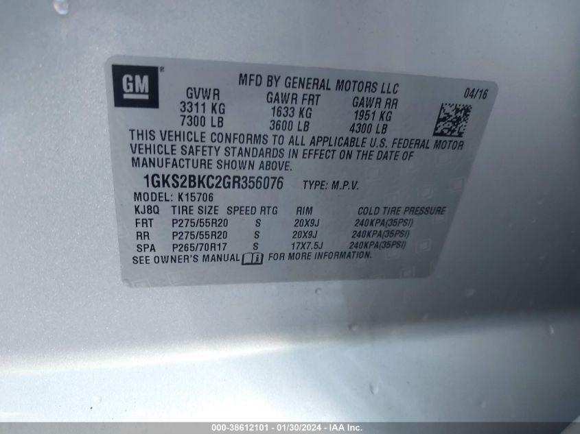 2016 GMC YUKON SLT - 1GKS2BKC2GR356076