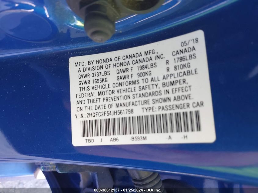 2018 HONDA CIVIC LX - 2HGFC2F54JH561798