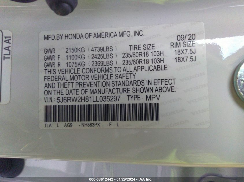 2020 HONDA CR-V AWD EX-L - 5J6RW2H81LL035297