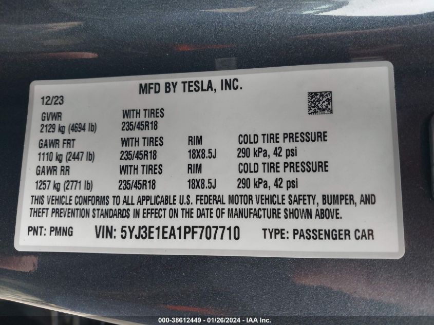 2023 TESLA MODEL 3 - 5YJ3E1EA1PF707710